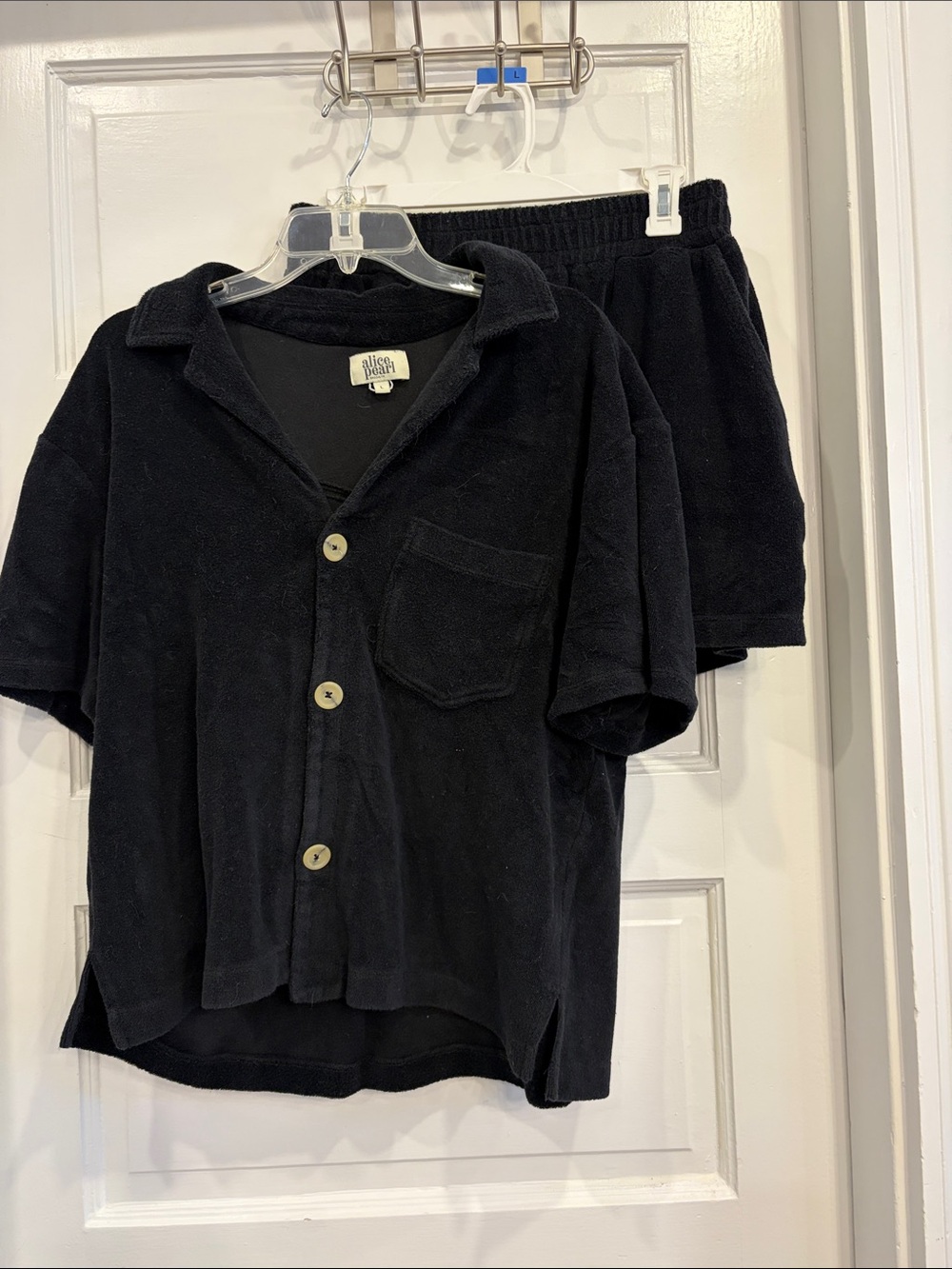 Alice Pearl -  Terry Cloth Black Short-Sleeve Button-Front Shirt and Short Set